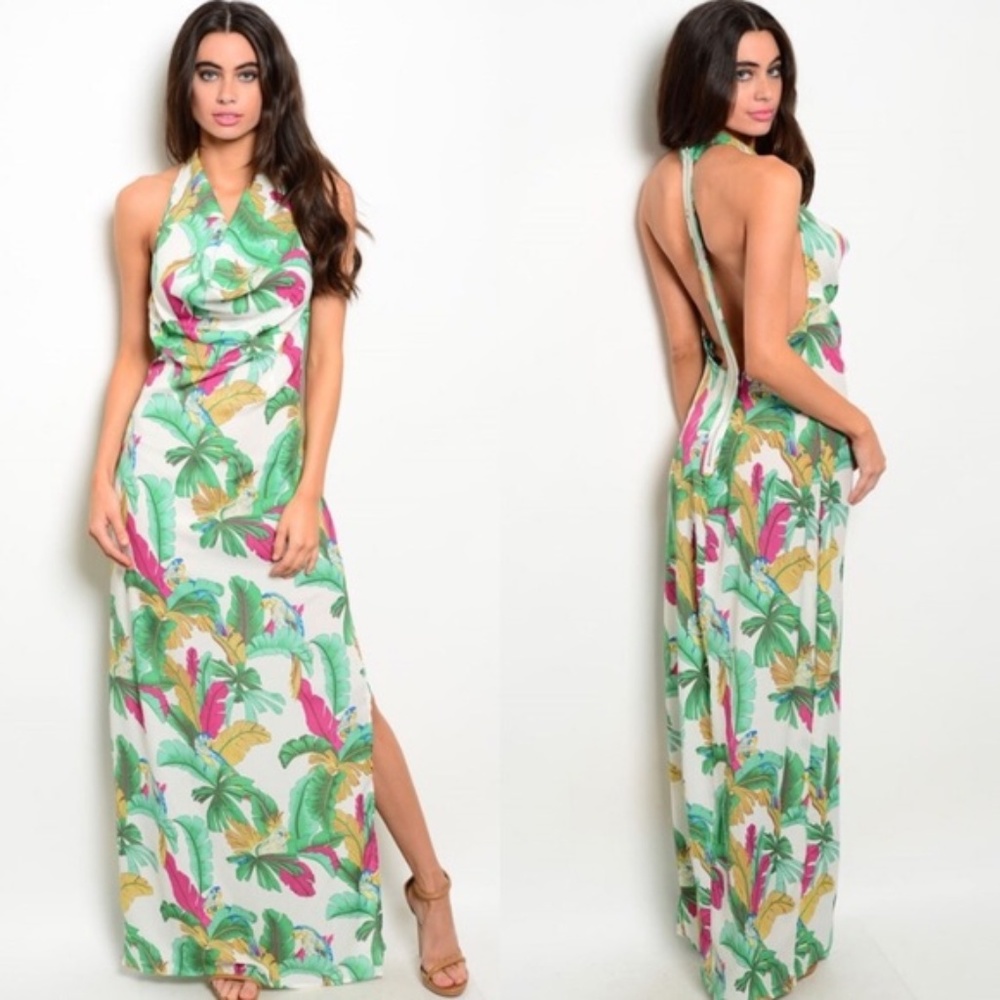 Tropical Floral Halter Maxi Dress